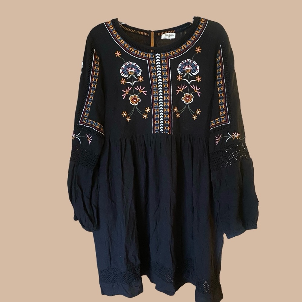 Cost Plus World Market Black Long Sleeve Dress with Embroidery